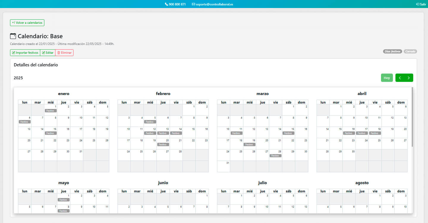 Calendario para control horario empresas 