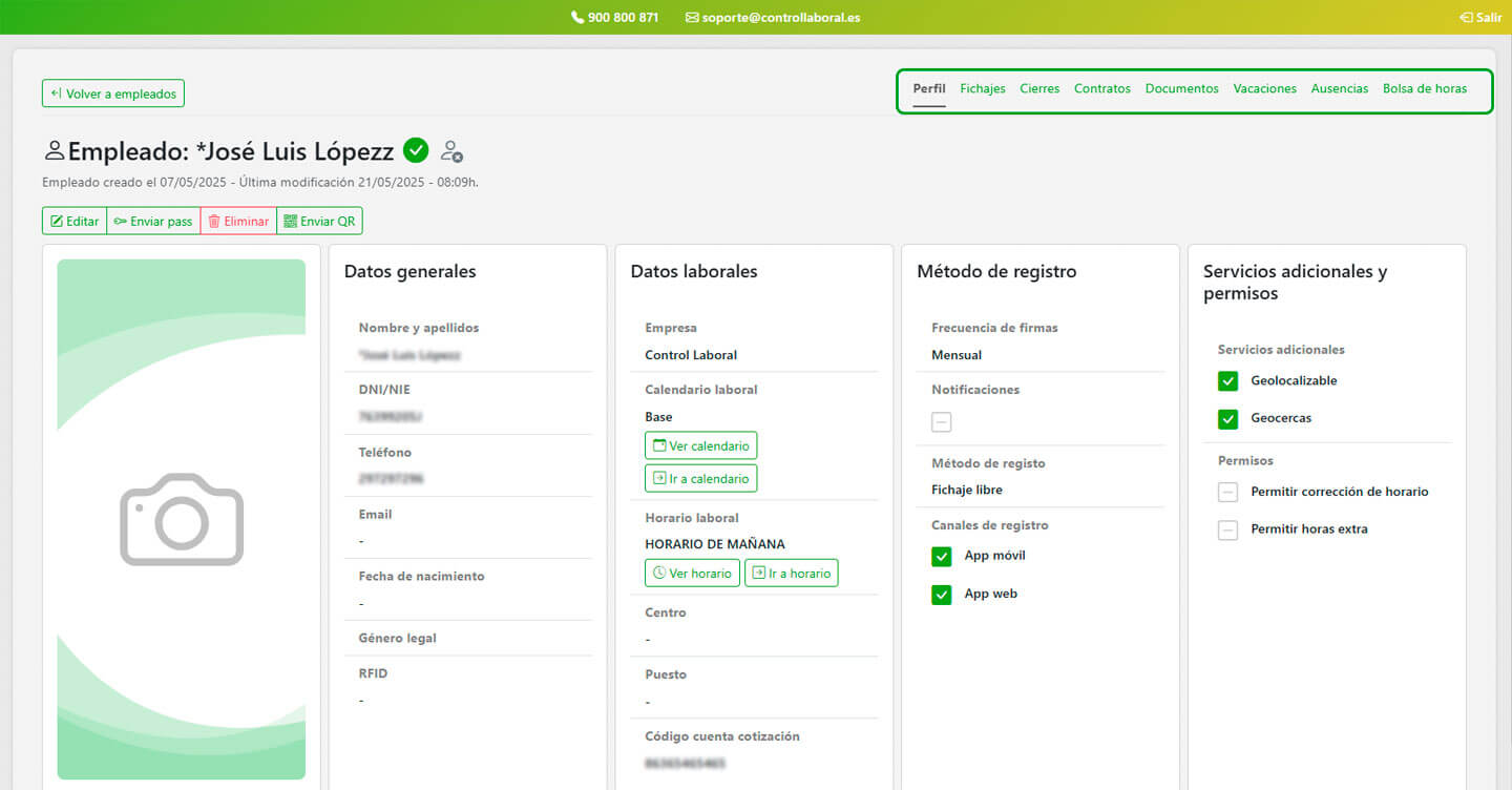 Ejemplo ficha de empleado app control horario