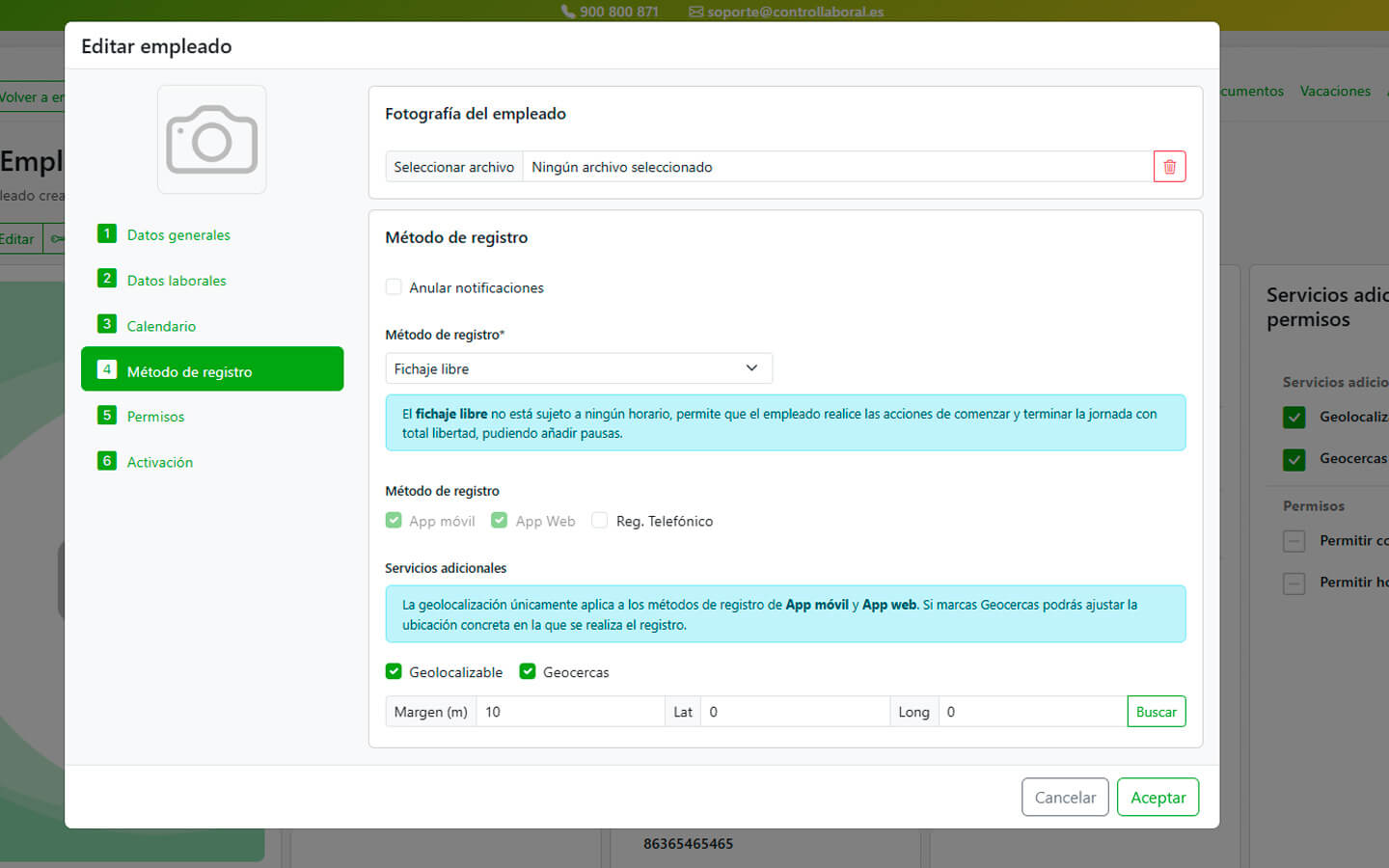 Tipo de jornada fichaje libre app control horario