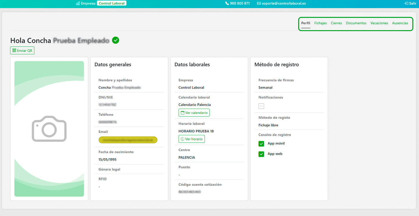 espacio perfil empleado app control horario