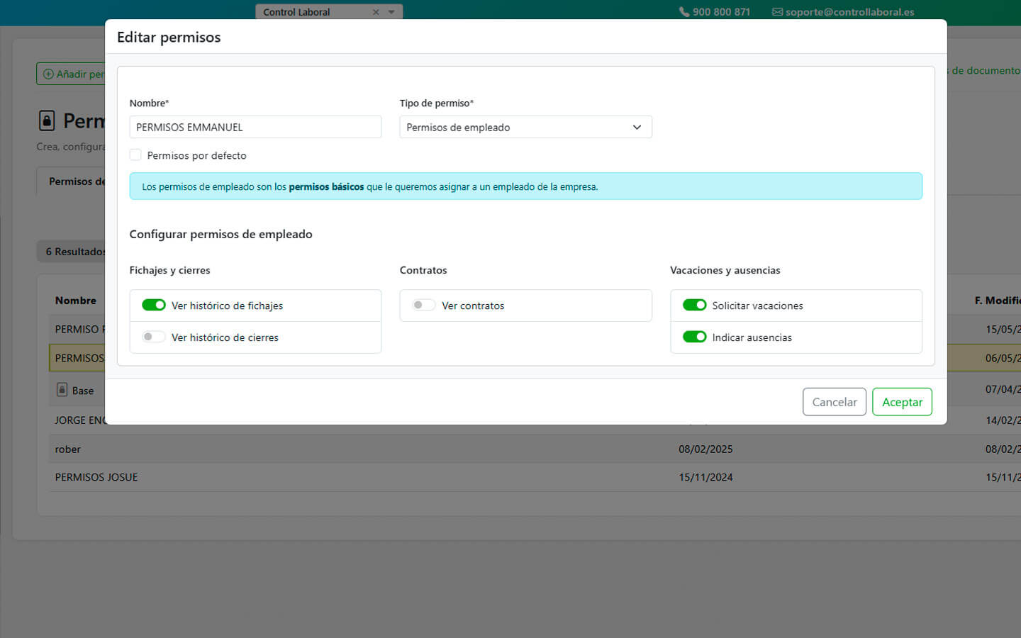 Configurar permiso empleado control horario app