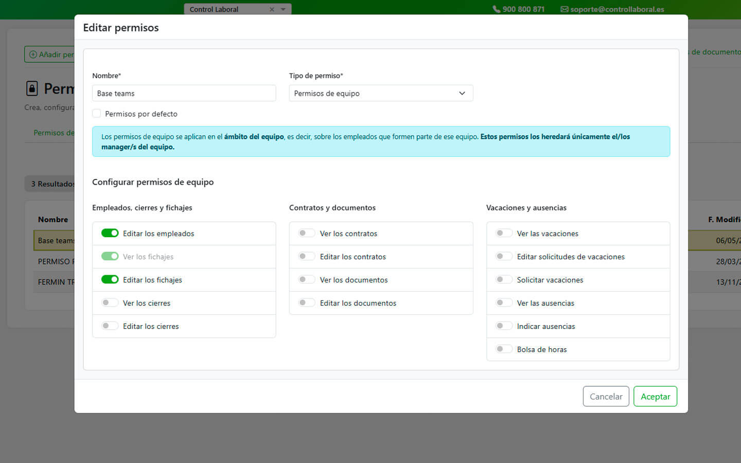 Configurar permiso equipo control horario app