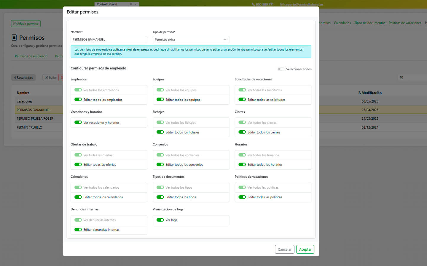 configuracion permisos extra aplicacion control horario