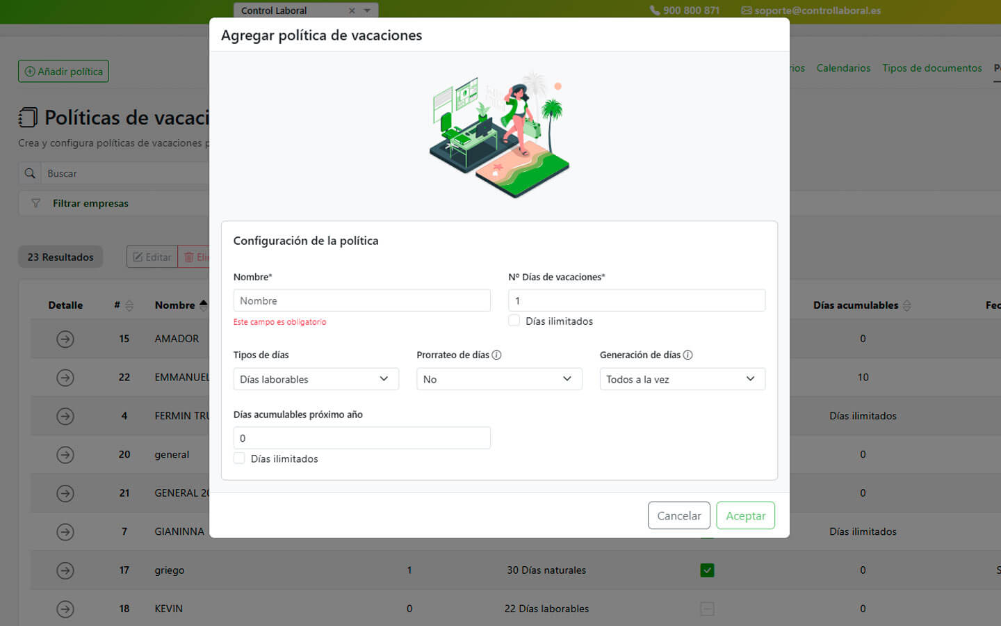 Configurar política vacaciones programa control horario