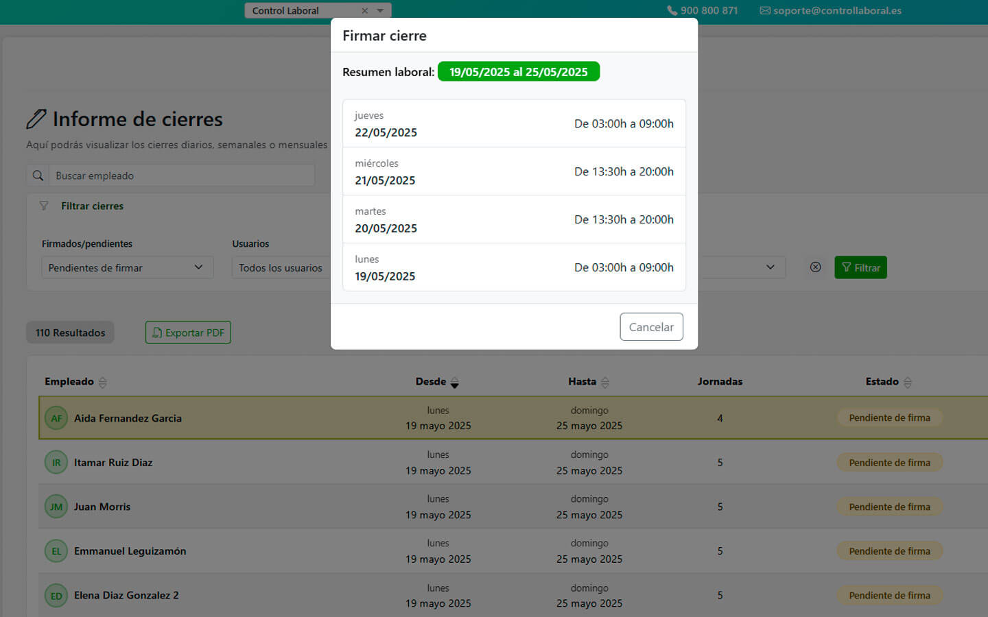 Resumen laboral de cierre sin firmar app control horario