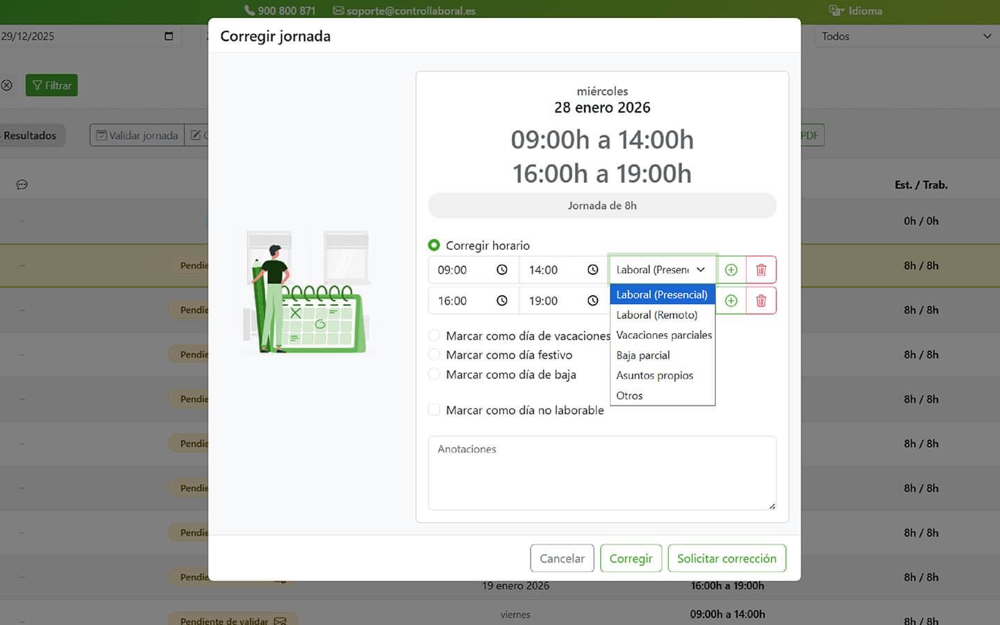 ejemplo correcion de jornada administración app web