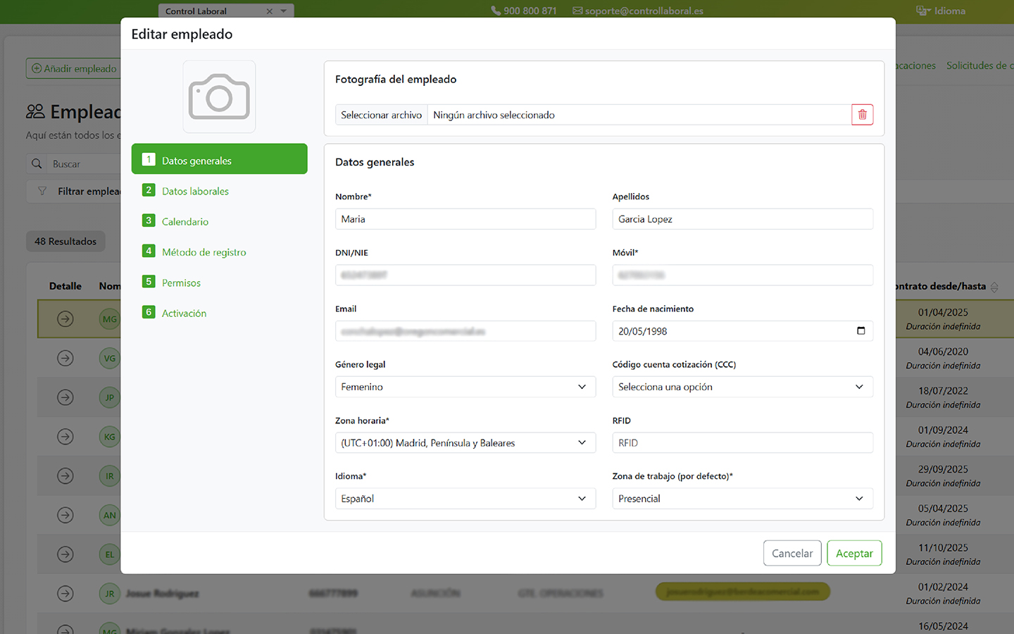 Ejemplo editar empleado app control horario
