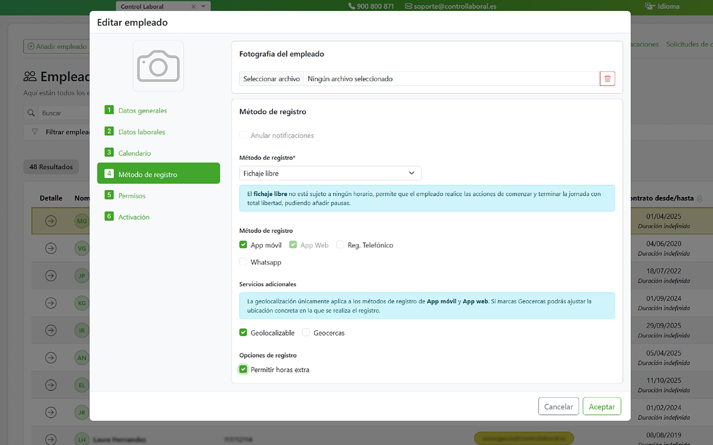 Tipo de jornada fichaje libre app control horario