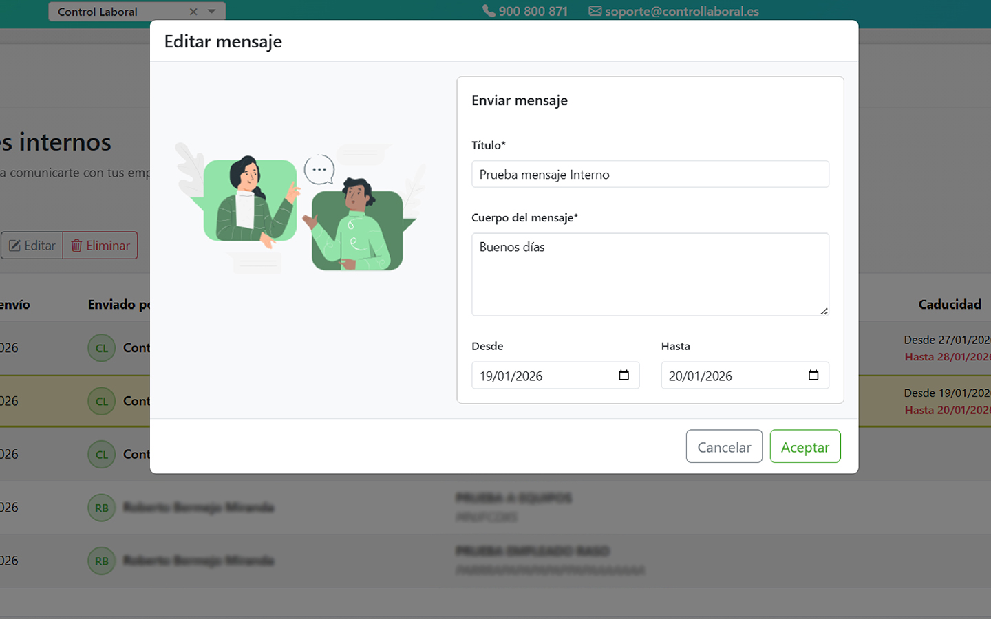 Pantalla de la app control laboral editar mensaje interno