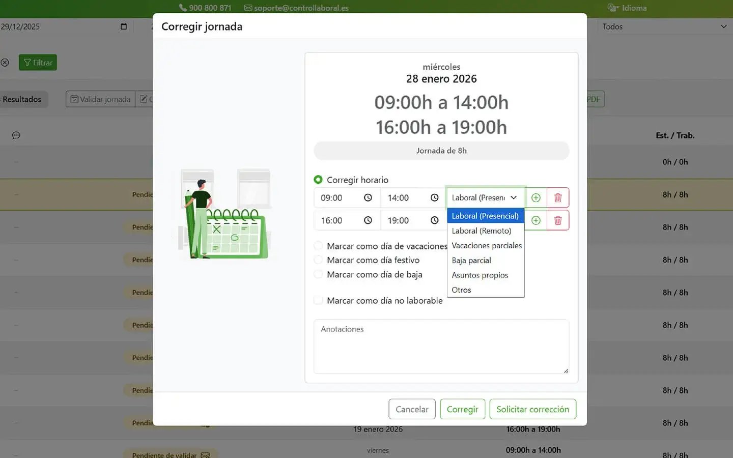 ejemplo correcion de jornada administración app web