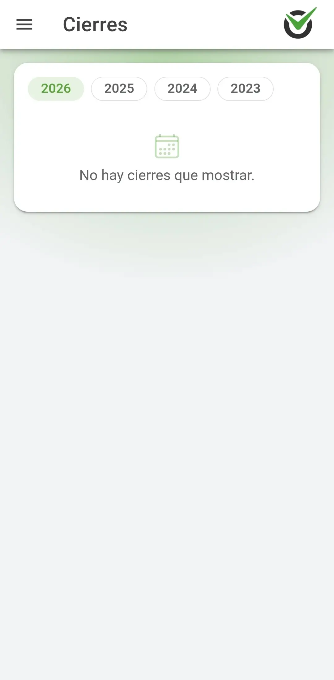 Pantalla Cierres de la app con el selector de año Pantalla Cierres de la app con el selector de año