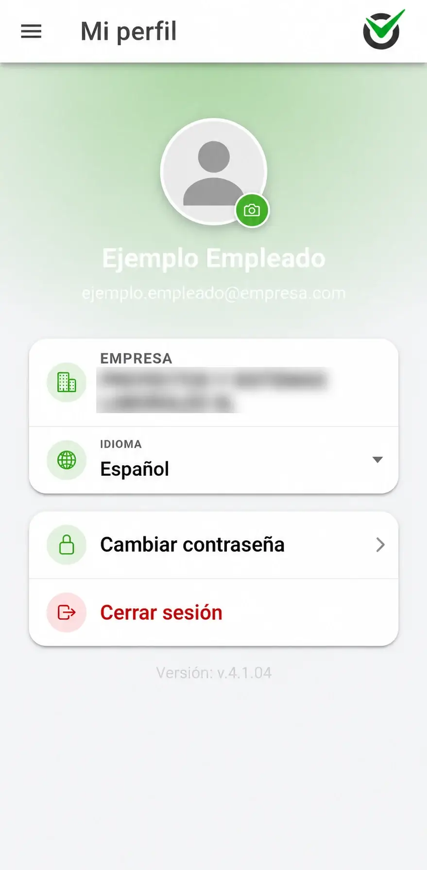 Pantalla Mi perfil de la app con la empresa, el idioma, la opción de cambiar contraseña y la de cerrar sesión Pantalla Mi perfil de la app con la empresa, el idioma, la opción de cambiar contraseña y la de cerrar sesión