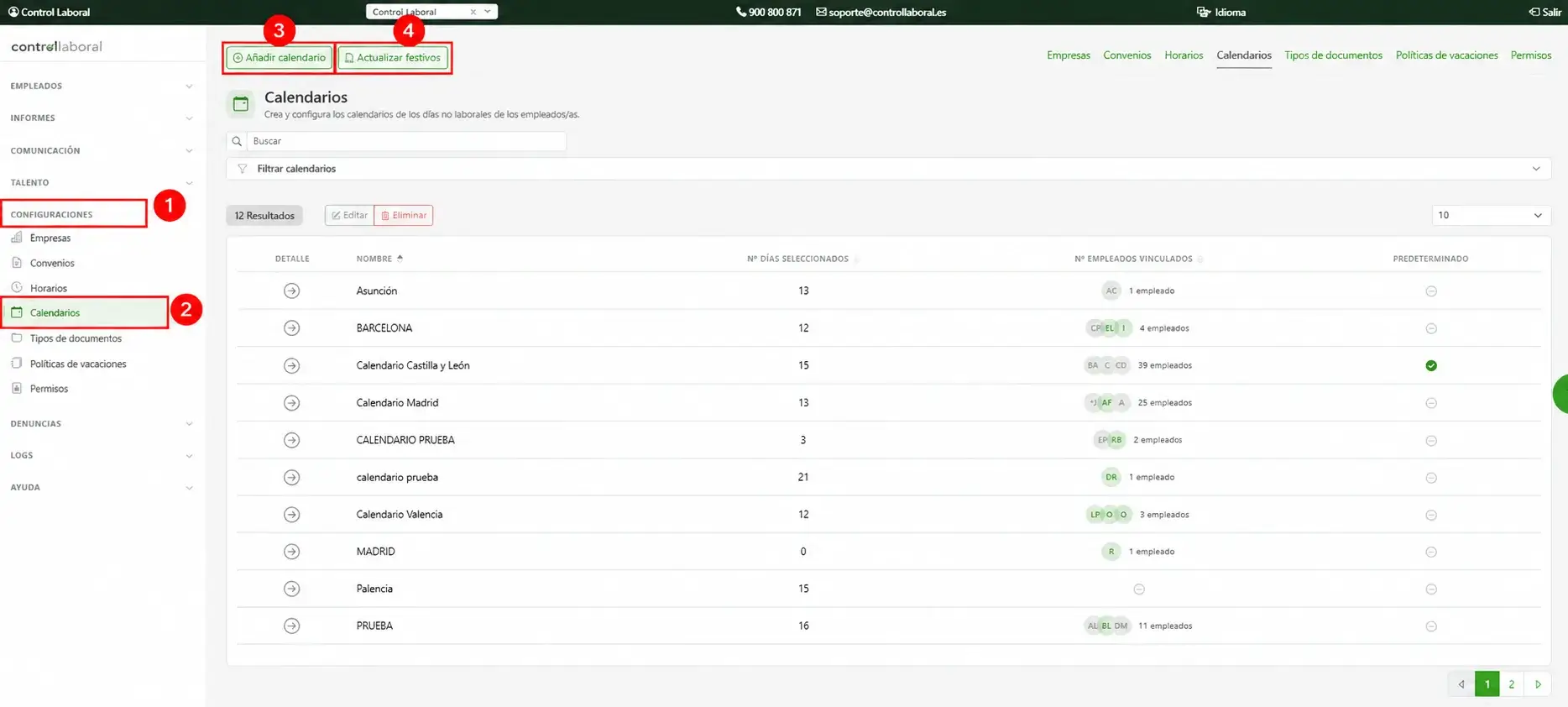 Pantalla de Calendarios en Configuraciones, con los botones Añadir calendario y Actualizar festivos Pantalla de Calendarios en Configuraciones, con los botones Añadir calendario y Actualizar festivos