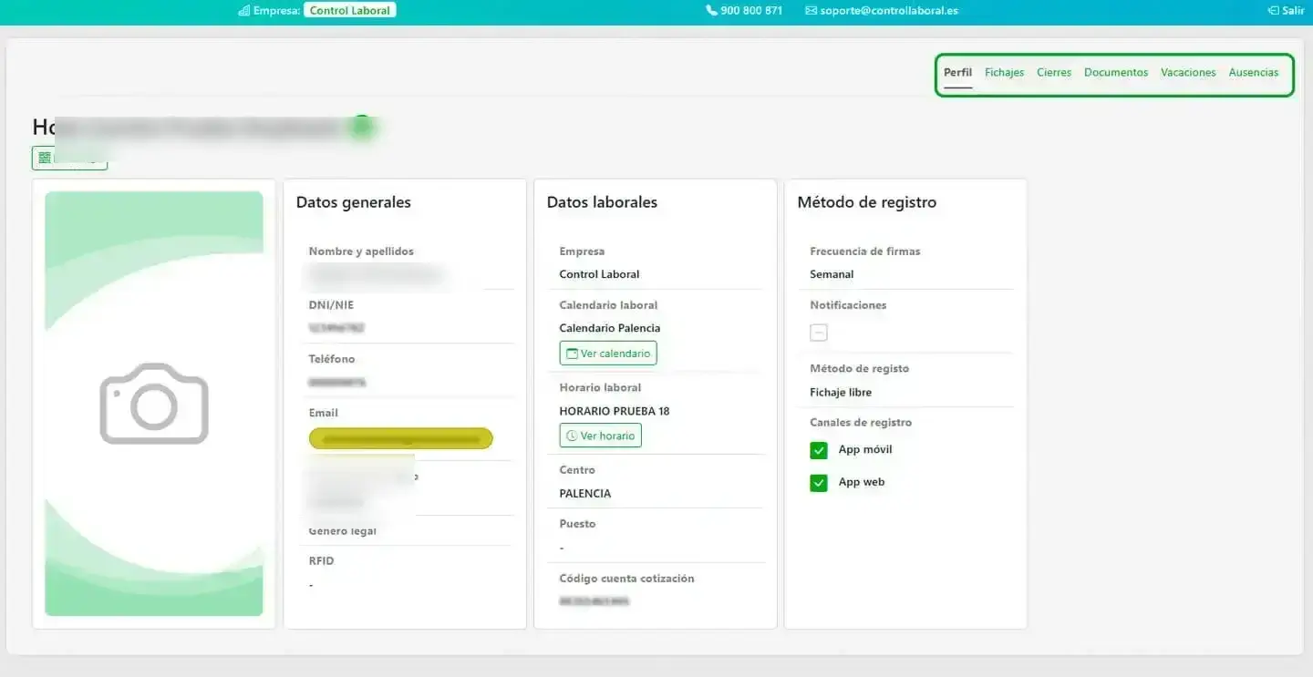 espacio perfil empleado app control horario