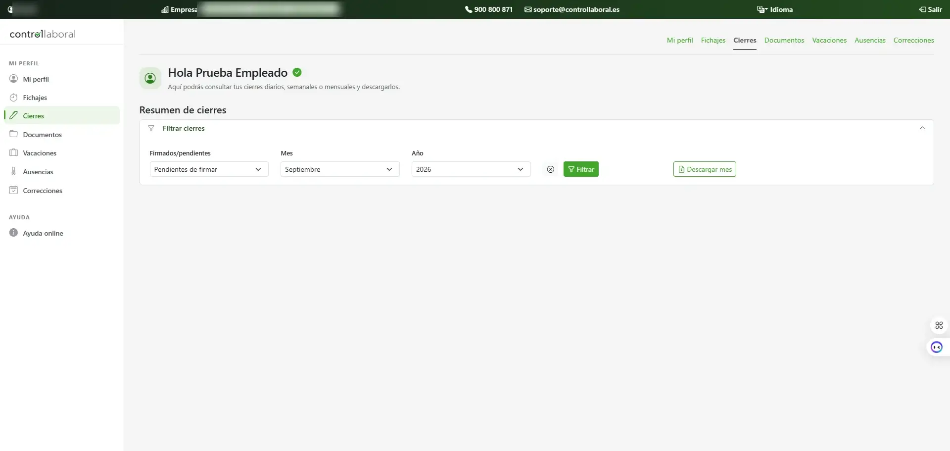 Apartado Cierres del portal del empleado, con el filtro por estado, mes y año y el botón para descargar el mes Apartado Cierres del portal del empleado, con el filtro por estado, mes y año y el botón para descargar el mes