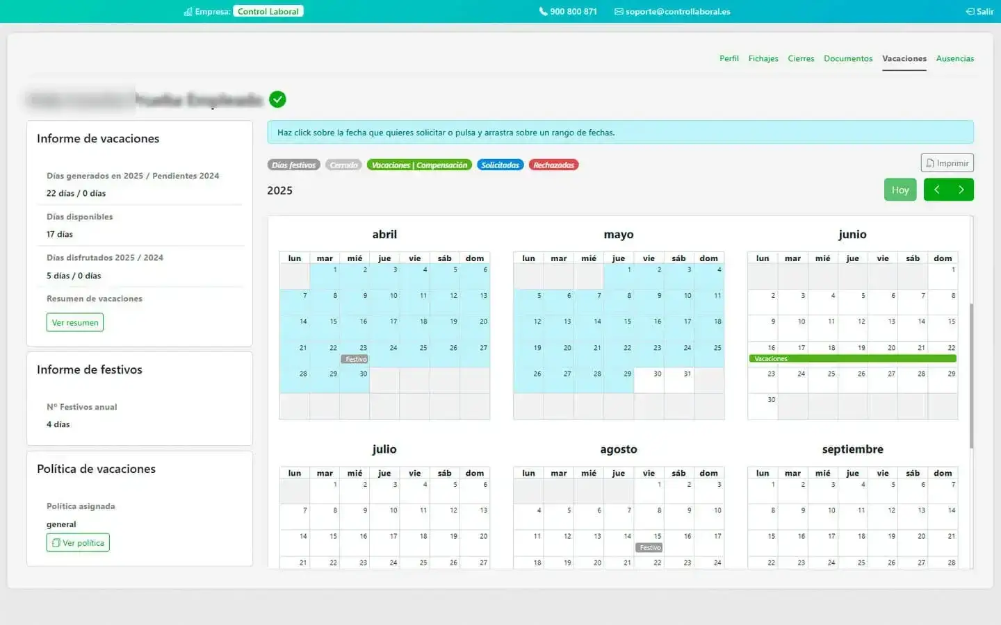 espacio vacaciones empleados aplicacion control horario